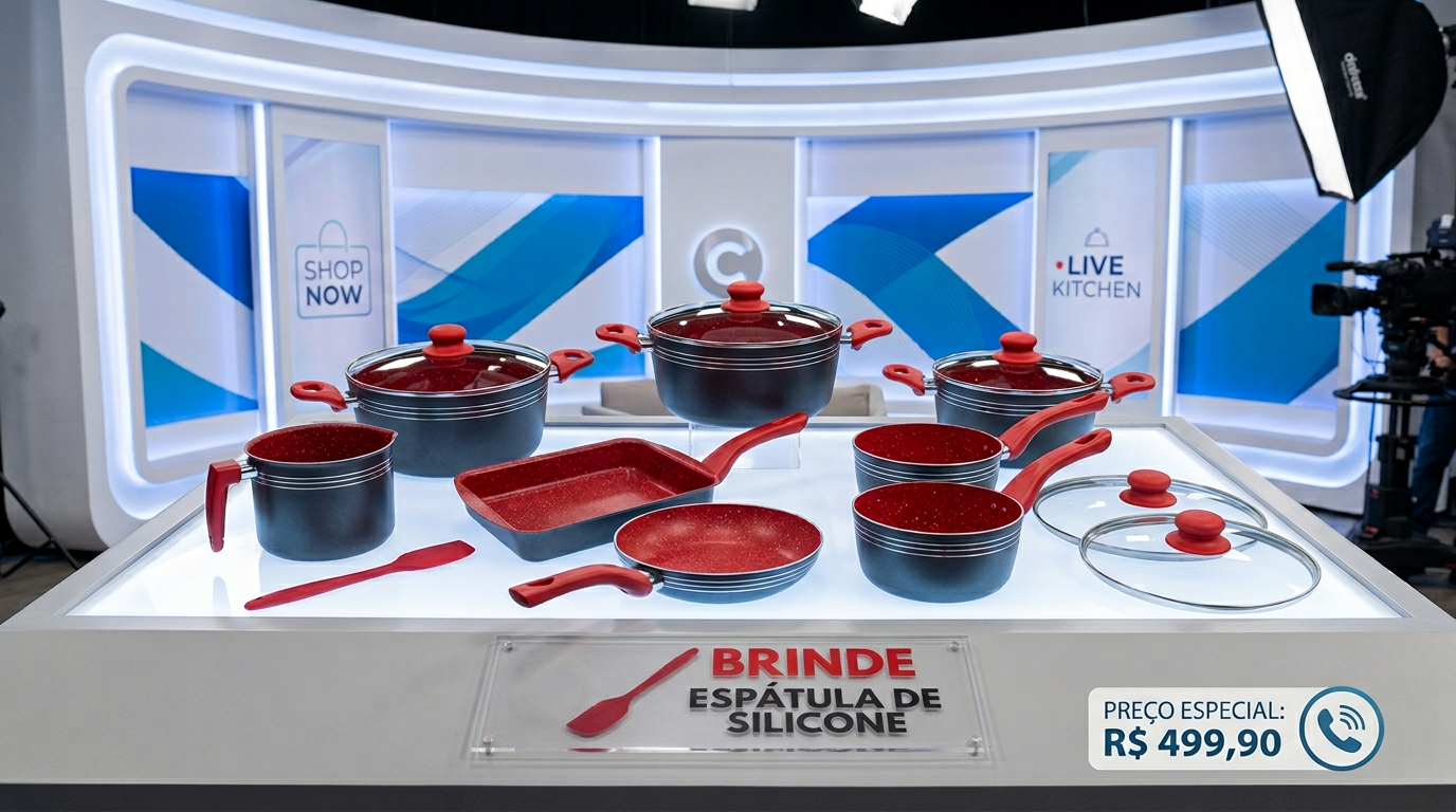 Kit de Panelas Redsilver em estúdio de televendas
